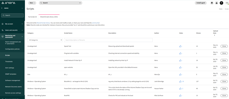 Atera's shared script library interface showing categories, script names, authors, and clone options for IT automation.