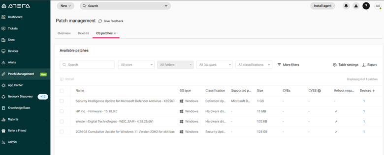 Atera Patch Management OS patches tab displaying available patches for Windows including Microsoft Defender, HP firmware, Western Digital drivers, and Windows security updates.