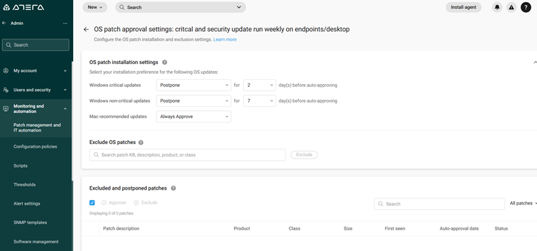 Atera OS patch approval settings screen with configuration options for Windows critical and non-critical updates, Mac recommended updates, and exclusions.
