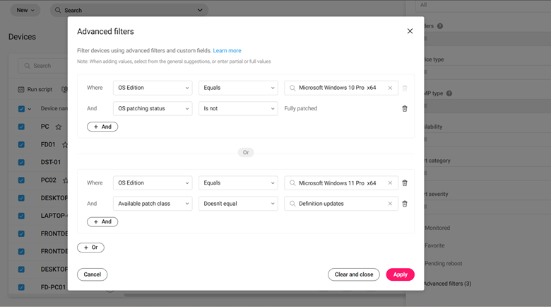 Atera advanced filters screen for devices, filtering by OS edition, patching status, and available patch classes for Windows 10 Pro and Windows 11 Pro.