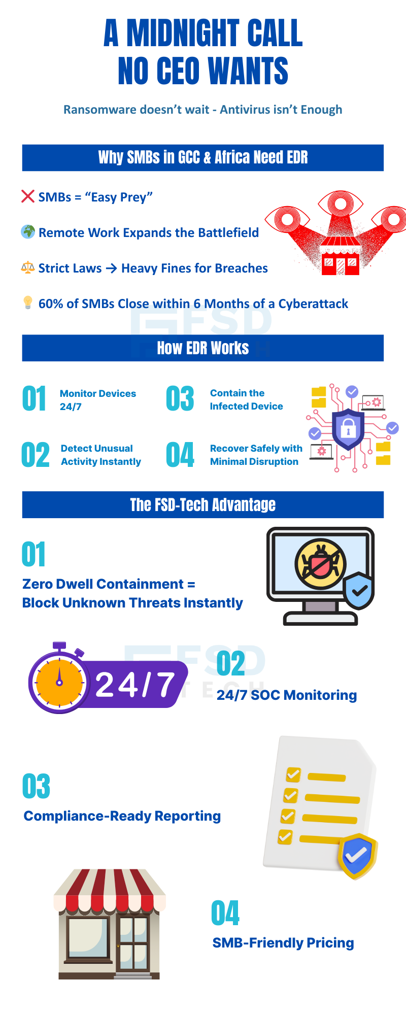 Infographic titled ‘A Midnight Call No CEO Wants’ explaining why SMBs in GCC and Africa need EDR. Highlights cyber risks like ransomware, remote work, compliance fines, and high closure rates. Explains how EDR works: monitor devices, detect unusual activity, contain infection, and recover safely. Features FSD Tech’s advantage: zero dwell containment, 24/7 SOC monitoring, compliance-ready reporting, and SMB-friendly pricing.