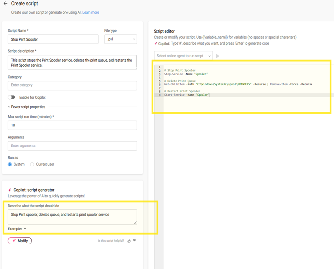 Atera Copilot script creation screen with PowerShell code to stop the print spooler service and delete print queue.