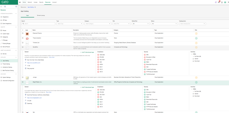 Cato App Catalog interface showing categorized cloud applications with associated compliance scores, risk ratings, and supported user actions like upload, download, or browse.