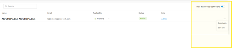 Atera Technician Management Screen