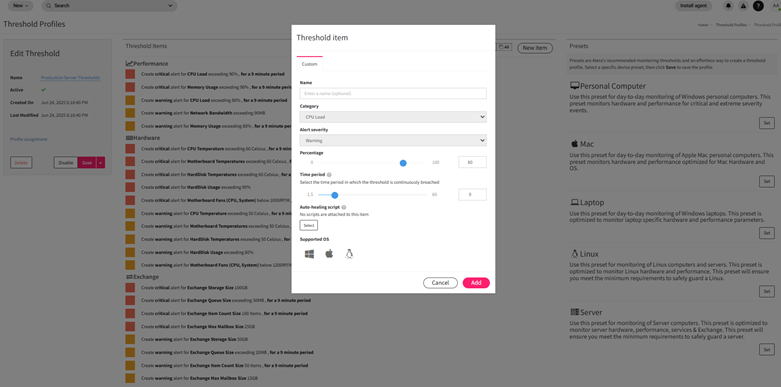 Customizing alert threshold items in Atera with CPU usage settings and performance monitoring options.