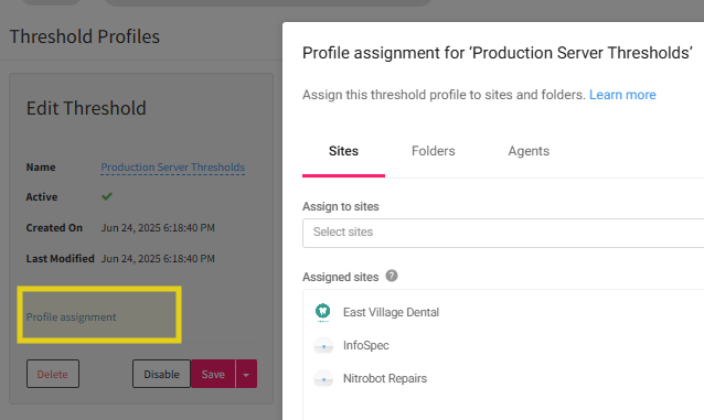 Atera dashboard showing threshold profile assignment to customer sites for smarter IT alert management