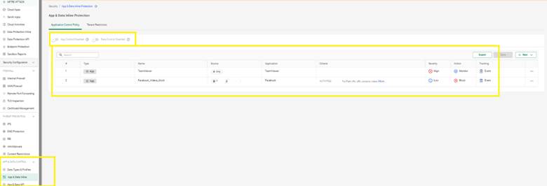 View of application control policy settings displaying configured rules, their severity, and action types for specific applications in the security dashboard.