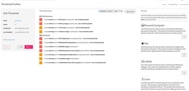 Atera threshold profiles interface for IT monitoring — performance and hardware alerts setup for CPU, memory, temperature, and fan speed. Includes presets for Windows, Mac, Linux, and laptops, optimized for enterprises in UAE, Dubai, GCC, and Africa.