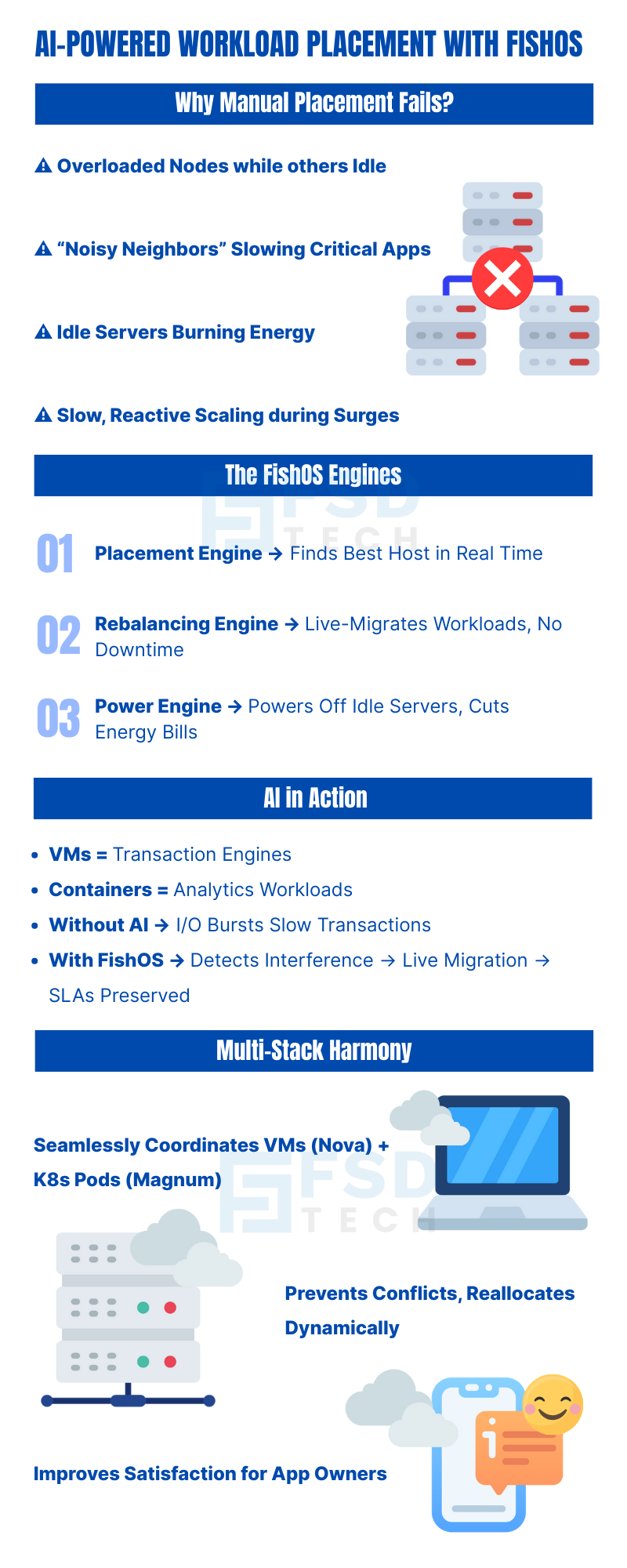 Infographic on AI-powered workload placement with FishOS. Explains why manual placement fails, showing issues like overloaded nodes, idle servers, and noisy neighbors. Highlights FishOS engines including placement engine, rebalancing engine, and power engine for real-time optimization, live migration, and energy savings. Covers AI in action with VMs, containers, and SLA preservation, plus multi-stack harmony for VMs and Kubernetes pods.