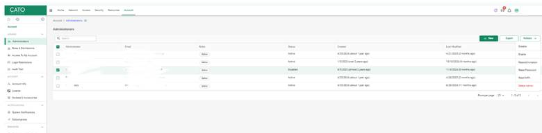 Cato Networks administrators dashboard displaying user roles, login sources, timestamps, and actions for auditing and managing access across the network environment.