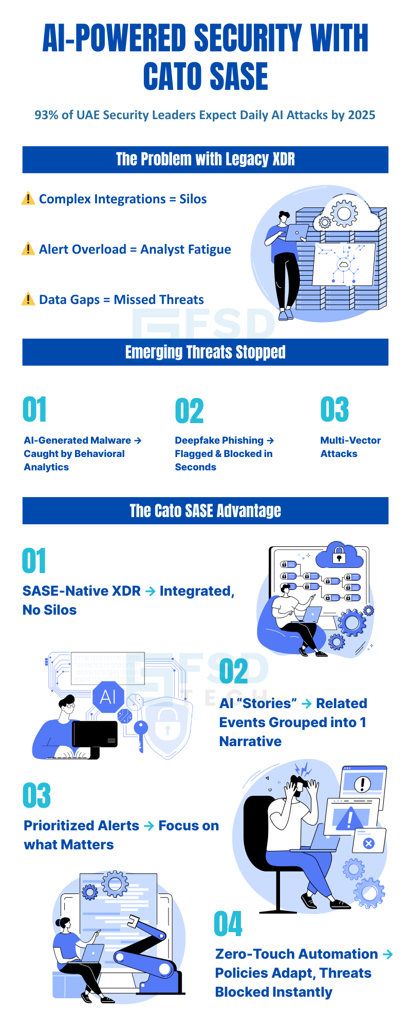 Infographic showing how Cato SASE uses AI-powered XDR to stop advanced threats with zero-touch automation, real-time detection, and integrated cloud security for UAE enterprises.