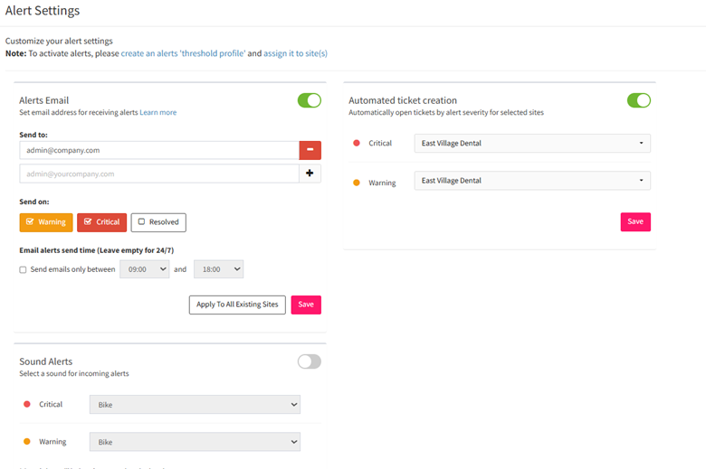 Atera alert settings interface with email notifications, sound alerts, and automated ticket creation for critical and warning alerts. Enables IT admins in UAE, Dubai, GCC, and Africa to customize monitoring and streamline incident resolution.