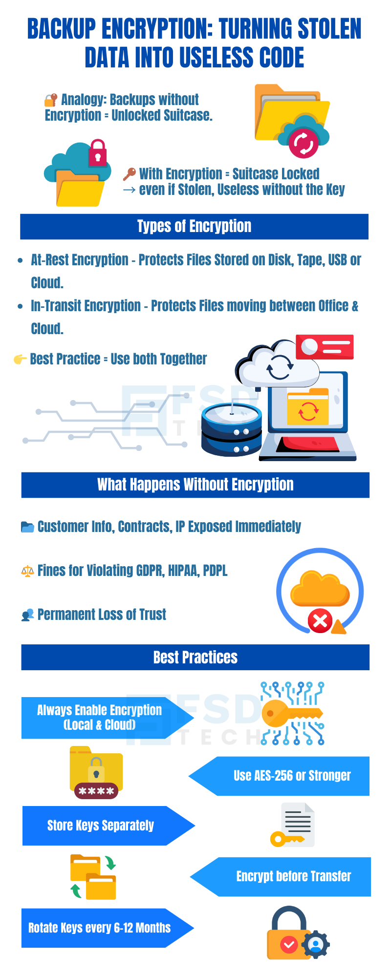 Infographic titled 'Backup Encryption: Turning Stolen Data into Useless Code.' Explains analogy of encryption as a locked suitcase, types of encryption (at-rest, in-transit), risks without encryption such as exposure, fines, and loss of trust, and best practices like enabling encryption, storing keys separately, using AES-256, encrypting before transfer, and rotating keys every 6–12 months. Icons illustrate suitcases, servers, cloud, keys, and locks.