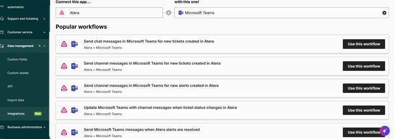 Atera and Microsoft Teams integration workflows showing automated options like sending chat messages, alerts, and ticket updates.