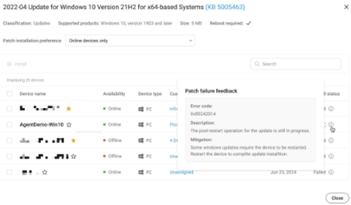 Atera patch failure feedback window for Windows 10 update KB5005463, showing error code 0x80242014, mitigation guidance, and affected devices