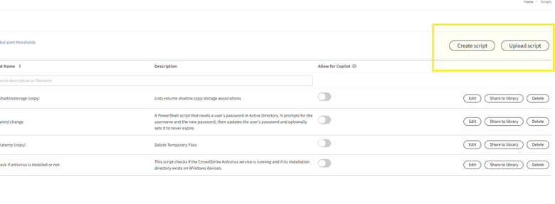 Close-up of the Atera Copilot interface with "Create Script" and "Upload Script" buttons for IT script automation.