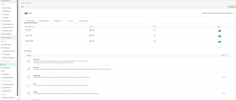 Cato Networks IPS configuration panel showing enabled protection policies for inbound, outbound, and internal traffic, along with IPS categories and threat actions.