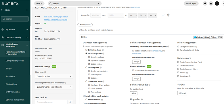 Atera automation profile editor for patch management, showing scheduling options, OS patch categories, software patch management, disk maintenance, and upgrade tasks.