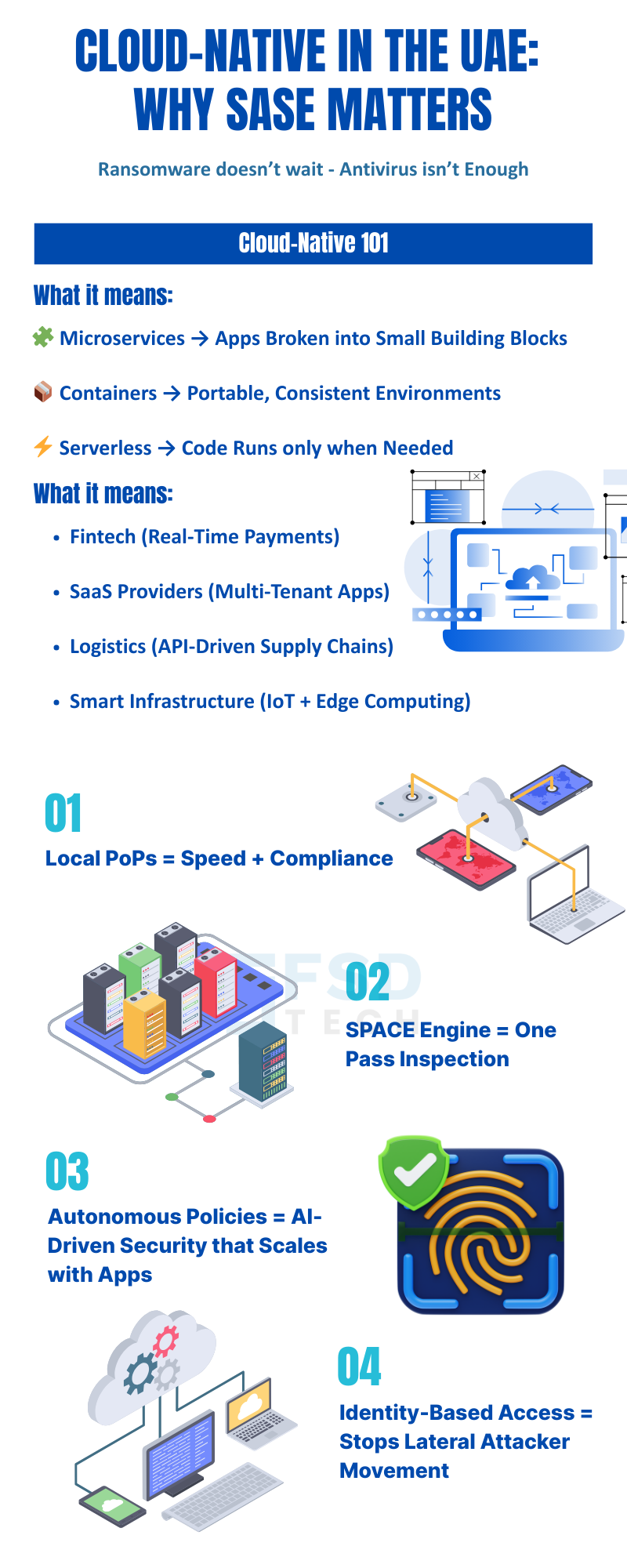Infographic titled ‘Cloud-Native in the UAE: Why SASE Matters.’ Explains microservices, containers, serverless computing, and use cases in fintech, SaaS, logistics, and smart infrastructure. Highlights four key SASE benefits: local PoPs for speed and compliance, SPACE engine for one-pass inspection, AI-driven autonomous security policies, and identity-based access to stop lateral attacks.