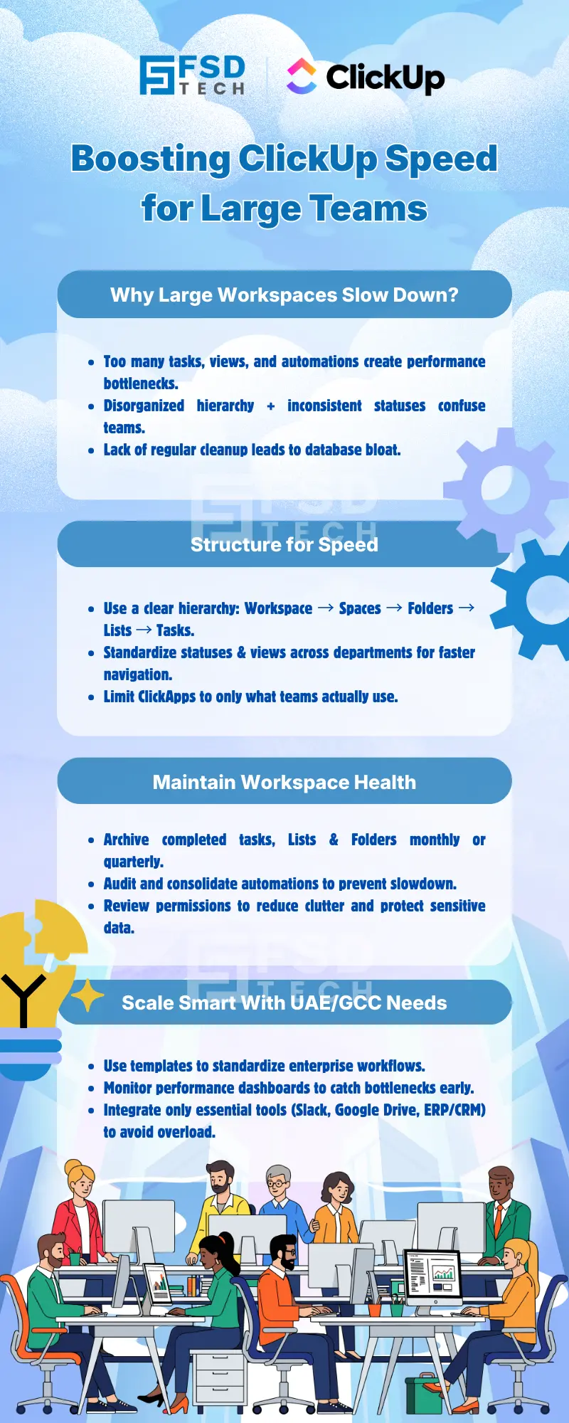 Infographic on boosting ClickUp speed for large teams, highlighting workspace structure, automation cleanup, permission management, and best practices for scaling ClickUp efficiently across UAE and GCC enterprises.