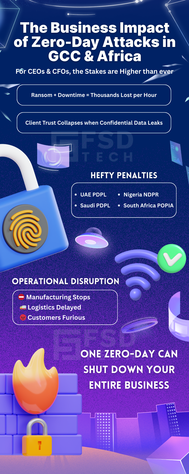 Infographic on the business impact of zero-day attacks in GCC and Africa, highlighting penalties, disruptions, and financial risks.