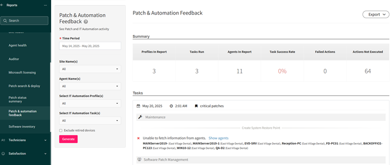 Atera Patch and Automation Feedback report showing profiles, tasks run, agents in report, task success rate, and details of failed patch automation actions