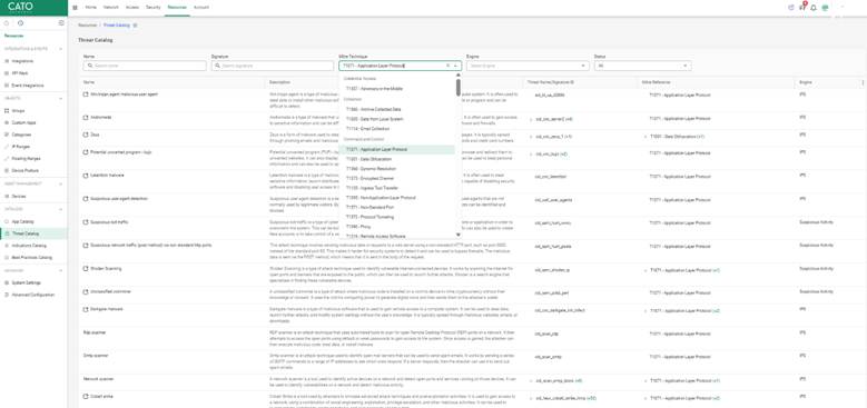 Cato Networks Threat Catalog interface showing categorized threat techniques, MITRE ATT&CK references, detection rules, and filtering options for deep threat analysis.
