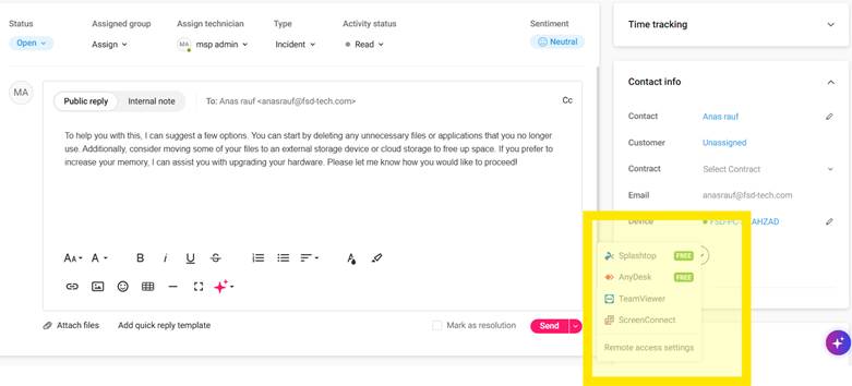 Atera ticket management interface with remote access tools highlighted including Splashtop, AnyDesk, TeamViewer, and ScreenConnect.