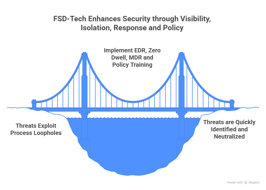 FSD Tech Security Bridge Diagram Showing Threat Exploits Below And Protection With EDR, Zero Dwell, MDR, And Policy Training Above