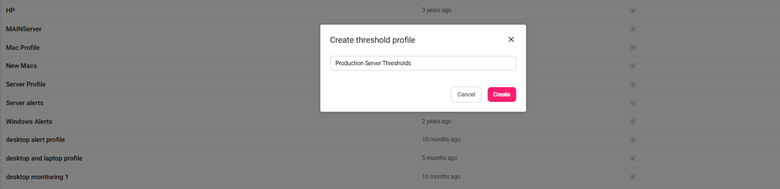 Atera interface for creating a new production server threshold profile.